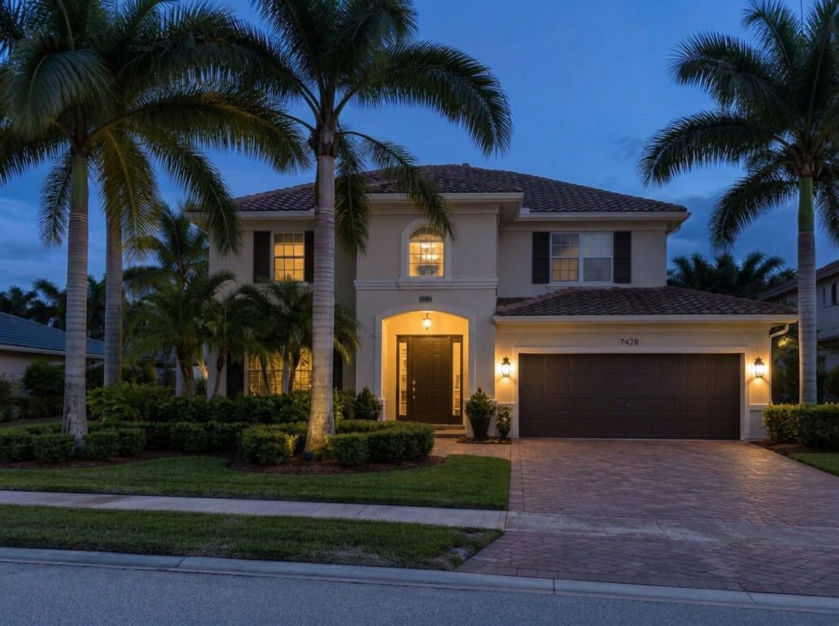 South Florida two-story home at dusk without Christmas lighting