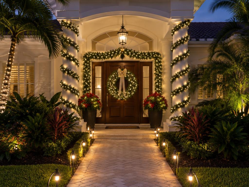 Entryway with lit garland, wreath and wrapped columns