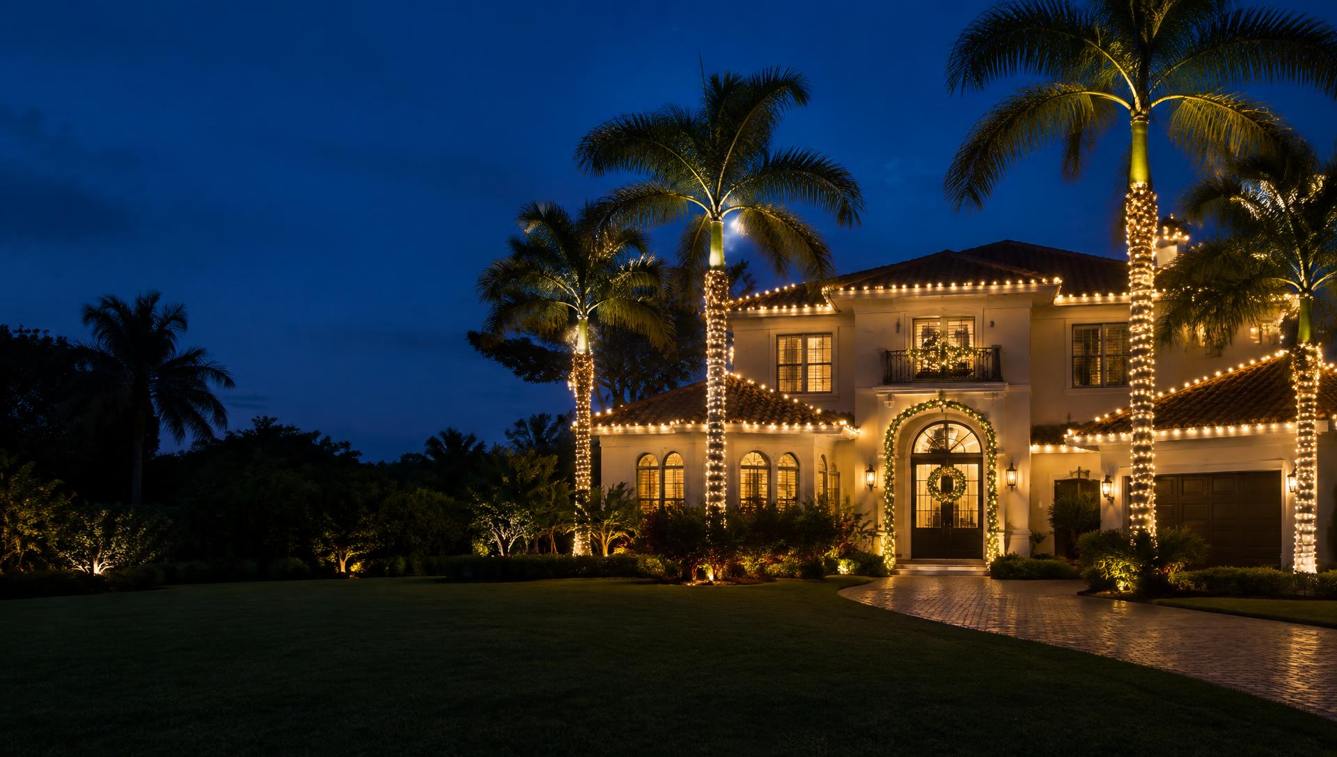 South Florida home at blue hour with warm white Christmas lights on the roofline and lit palm trees