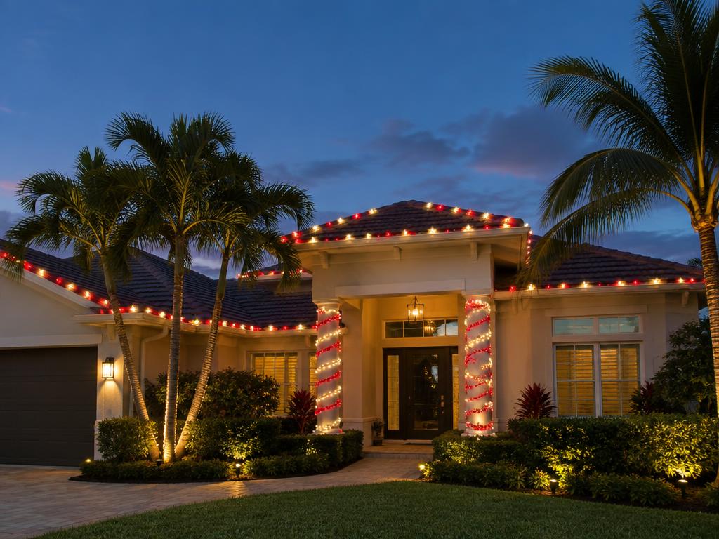 Candy cane red and white roofline lighting