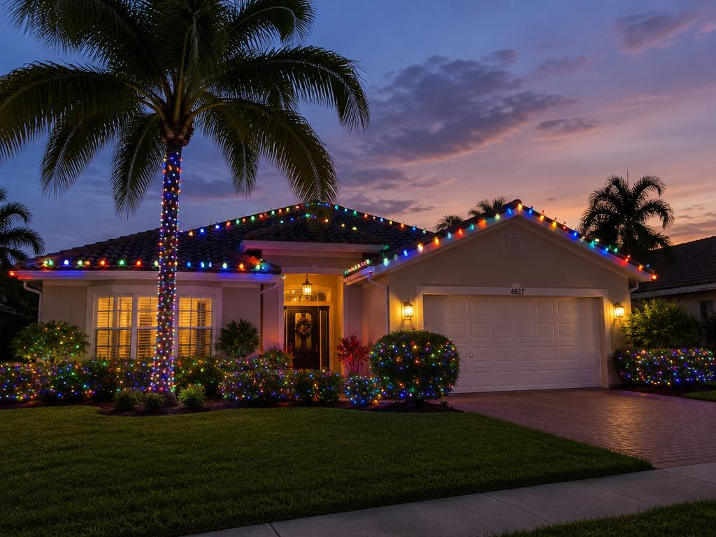 Traditional multicolor roofline and shrub lighting
